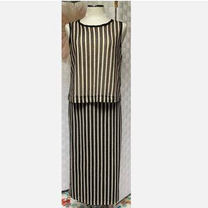 LOFT Black Tan Vertical Striped Knit Sleeveless Mesh Tank & Midi Skirt Set M